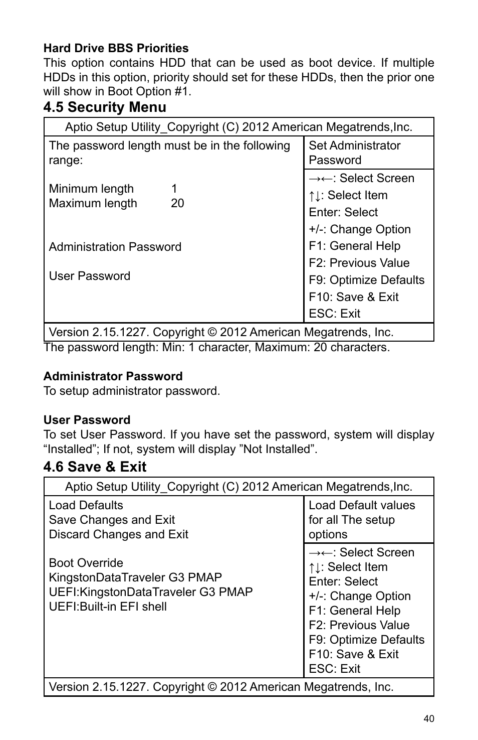 5 security menu, 6 save & exit | Habey BIS-6590 User Manual | Page 45 / 50