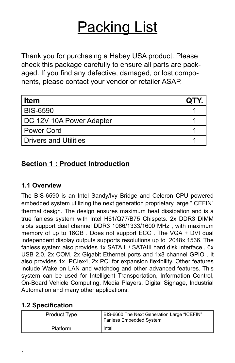 Packing list, Item qty | Habey BIS-6590 User Manual | Page 6 / 50