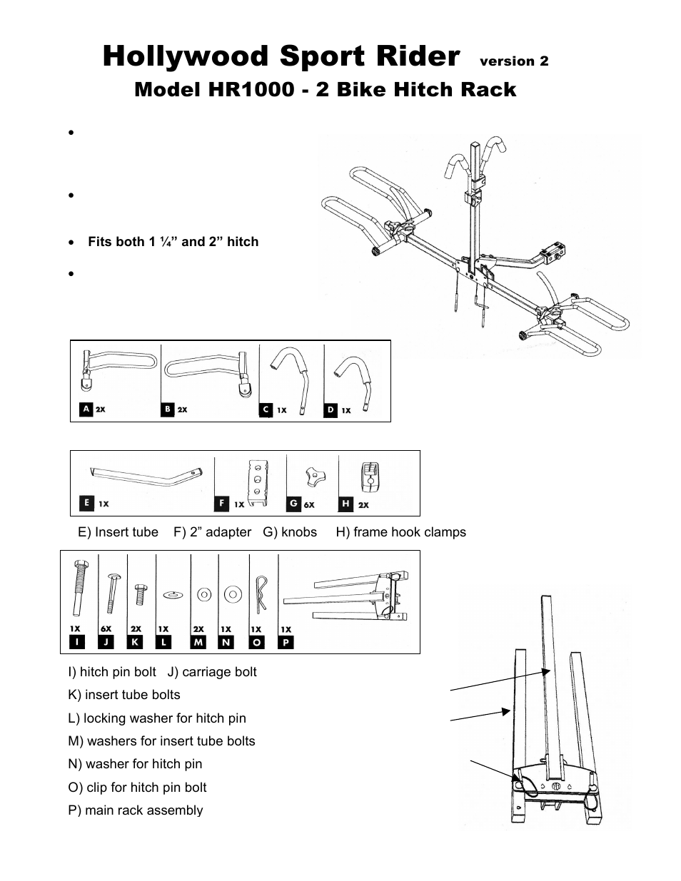 Hollywood Racks HR1000 SportRider 2 bike version 2 User Manual | 6 pages