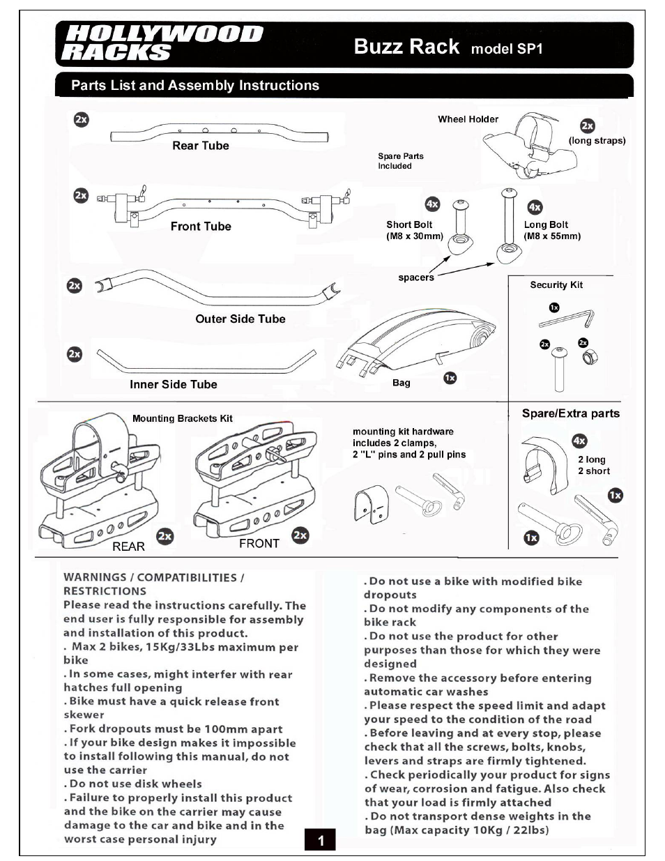 Hollywood Racks SP1 Buzz Rack User Manual | 5 pages