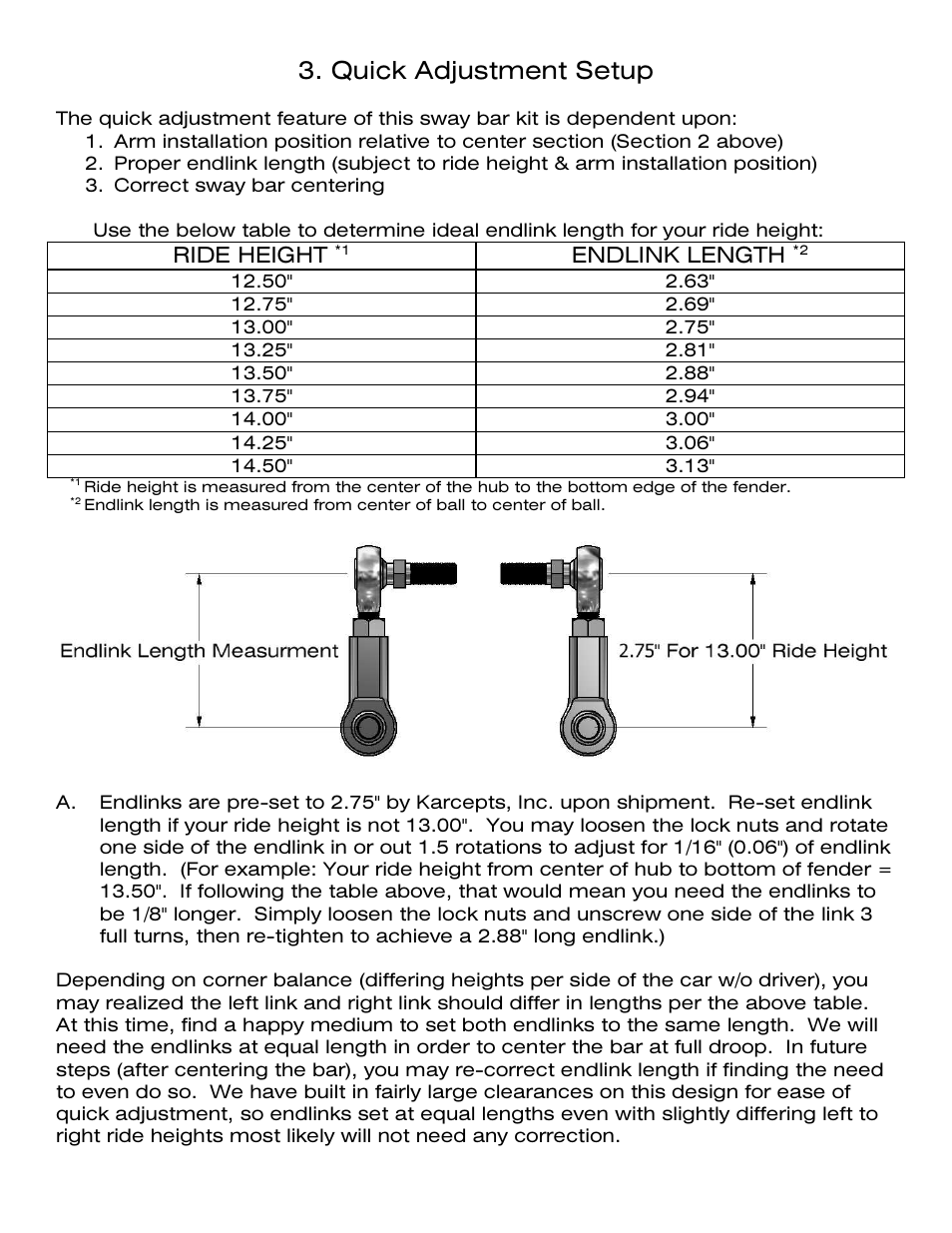 Quick adjustment setup, Ride height, Endlink length | Karcepts KFSB-AP-XX User Manual | Page 7 / 13
