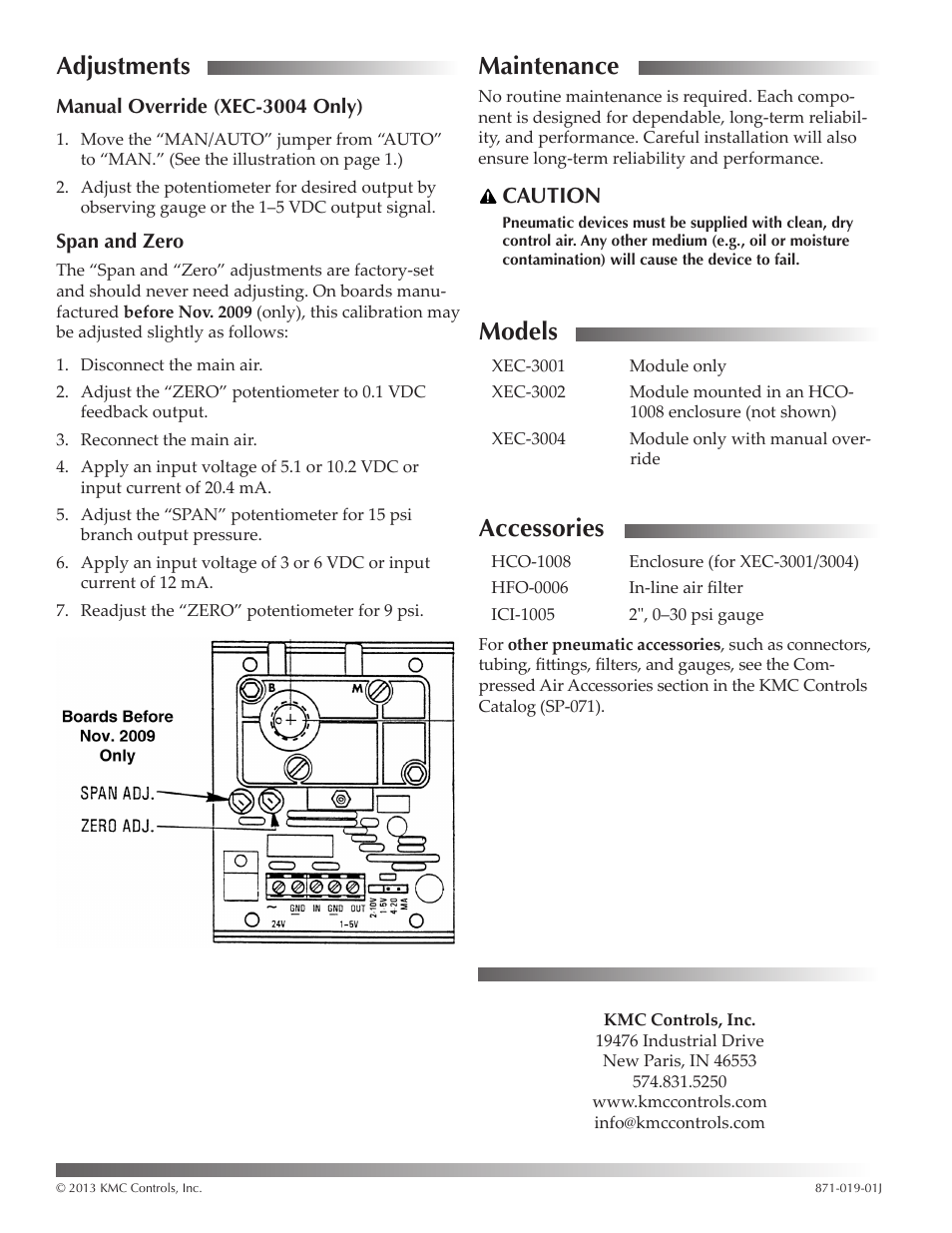 Adjustments, Manual override (xec-3004 only), Span and zero | Maintenance, Models, Accessories, Manual override (xec-3004 only) 2 span and zero, Caution | KMC Controls XEC-3004 User Manual | Page 2 / 2