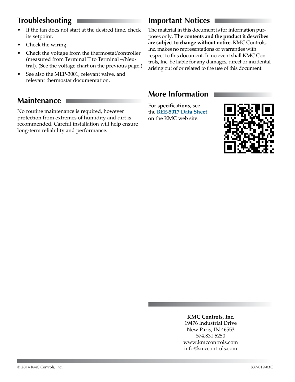 Troubleshooting, Maintenance, Important notices | More information | KMC Controls REE-5017 User Manual | Page 2 / 2