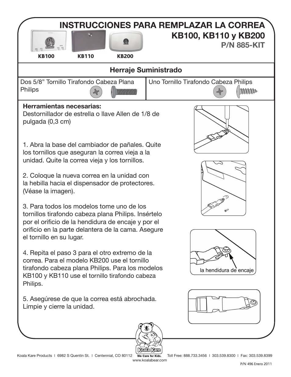 P/n 885-kit, Herraje suministrado | Koala Kare 885-KIT User Manual | Page 2 / 4