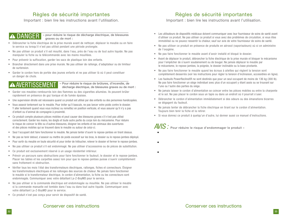 Avis, Danger avertissement, Règles de sécurité importantes | Conserver ces instructions | La-Z-Boy PowerReclineXR prior to 12/31/2012 User Manual | Page 17 / 22