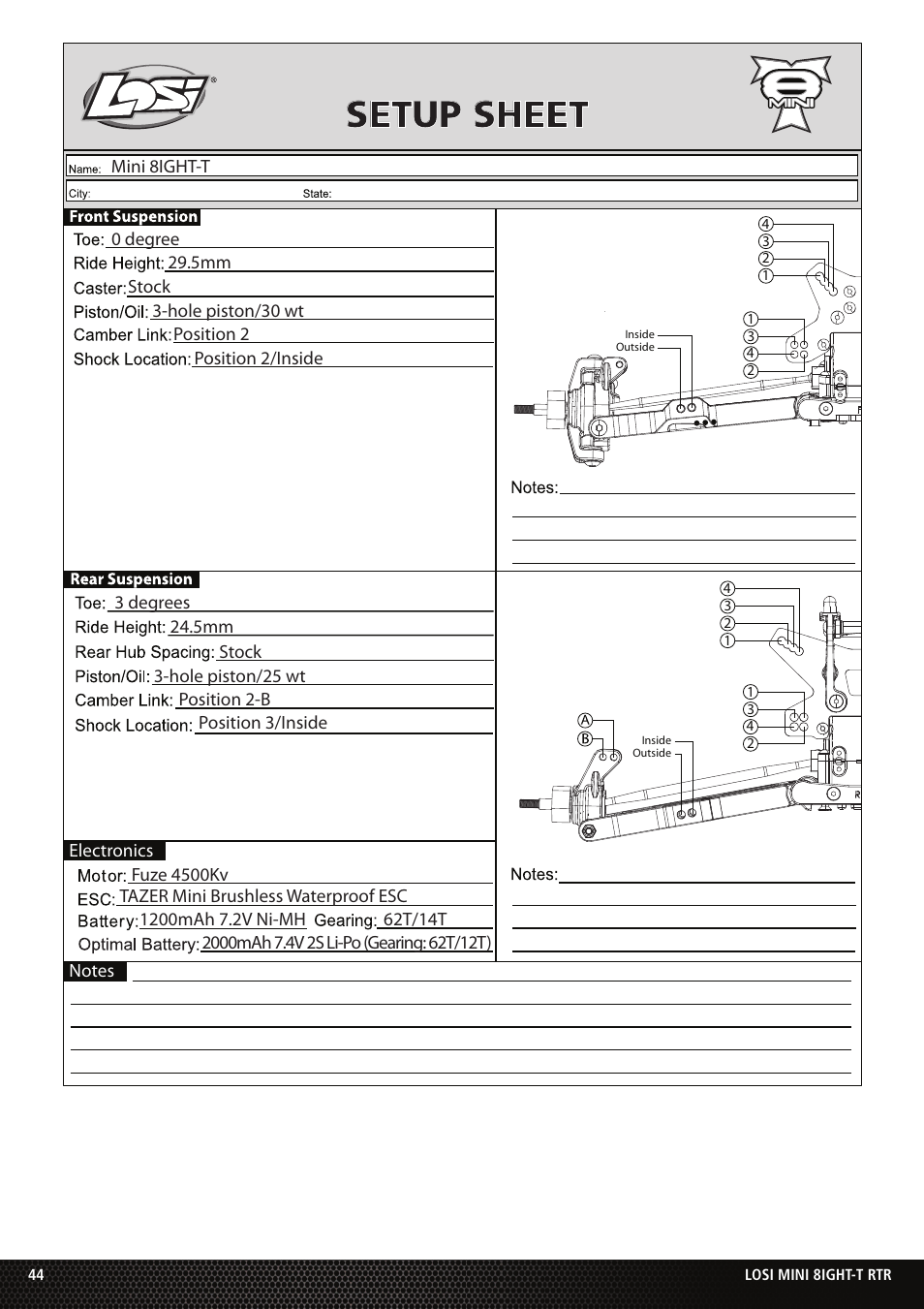 Setup sheet | Losi Mini 8IGHT-T RTR User Manual | Page 17 / 20