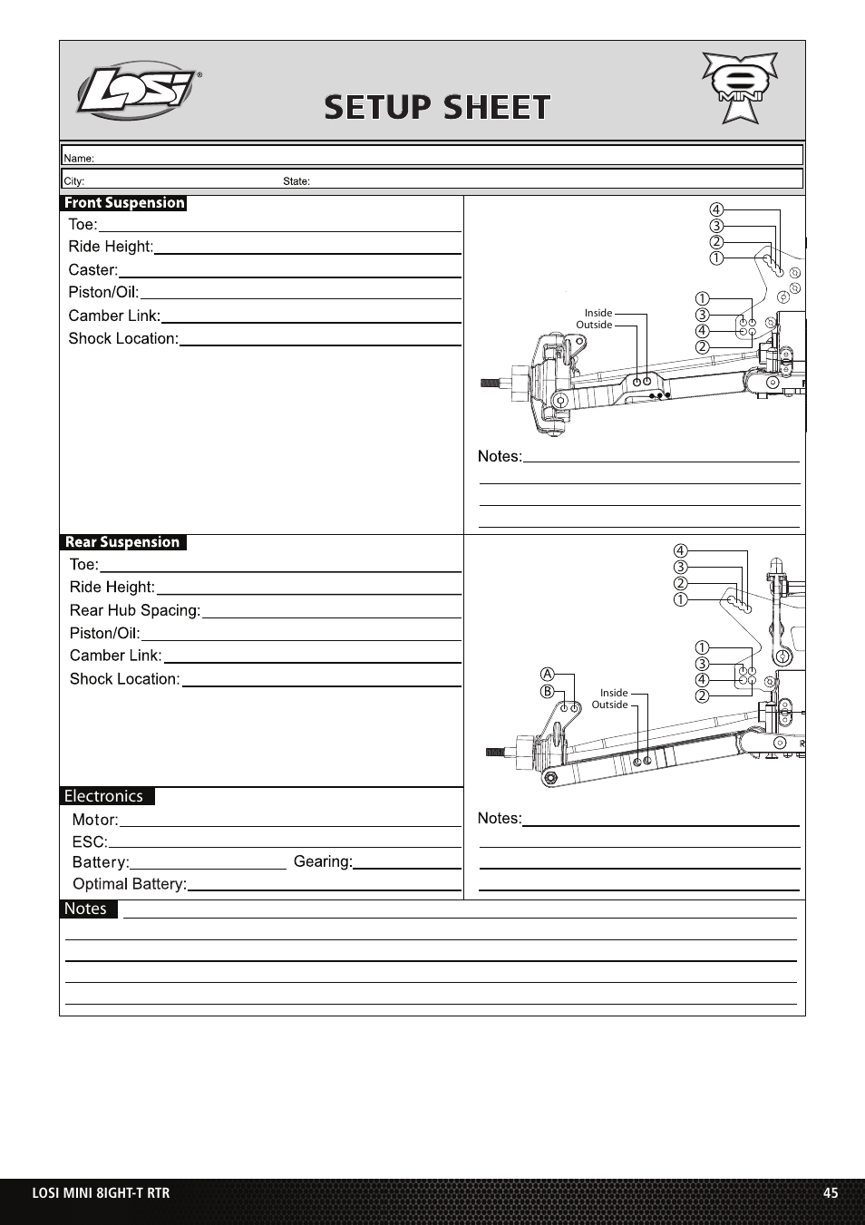 Setup sheet | Losi Mini 8IGHT-T RTR User Manual | Page 18 / 20