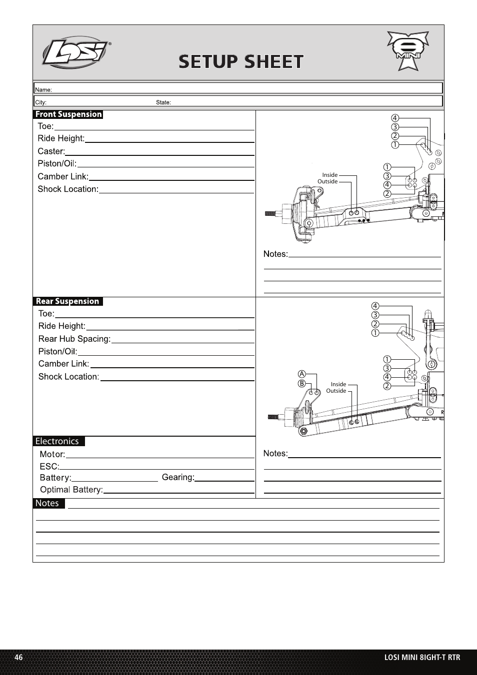 Setup sheet | Losi Mini 8IGHT-T RTR User Manual | Page 19 / 20