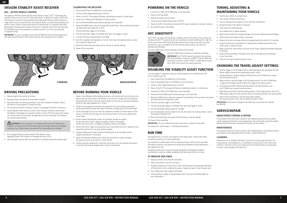 Driving precautions, Before running your vehicle, Powering on the vehicle | Avc sensitivity, Disabling the stability assist function, Run time, Tuning, adjusting & maintaining your vehicle, Changing the travel adjust settings, Service/repair, Srs4200 stability assist receiver | Losi LOS03003 XXX-SCB Brushless RTR User Manual | Page 4 / 6