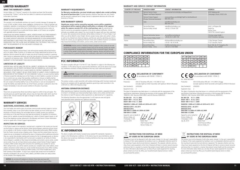 Limited warranty, Fcc information, Compliance information for the european union | Ic information | Losi LOS03003 XXX-SCB Brushless RTR User Manual | Page 6 / 6