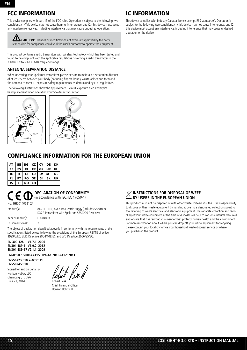 Compliance information for the european union, Ic information, Fcc information | Losi LOS04003 User Manual | Page 10 / 10
