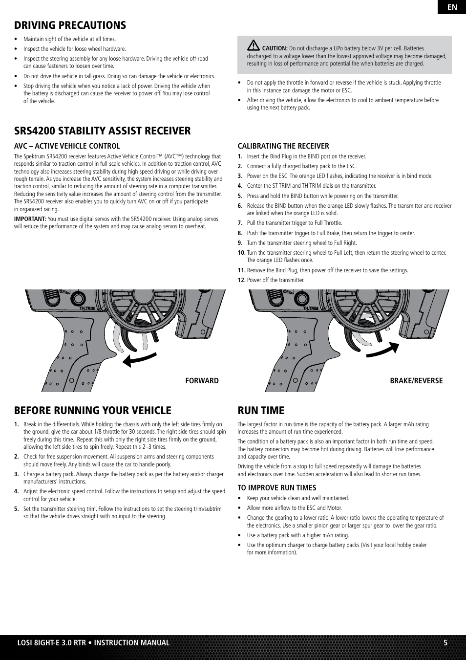 Driving precautions, Srs4200 stability assist receiver, Before running your vehicle | Run time | Losi LOS04003 User Manual | Page 5 / 10