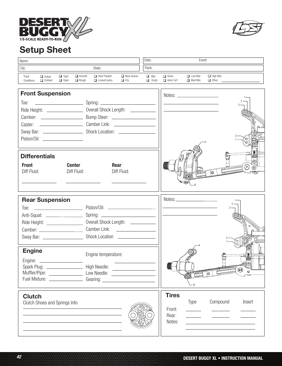 Setup sheet, Front suspension differentials, Rear suspension | Engine, Tires, Clutch | Losi LOS05001 User Manual | Page 42 / 86