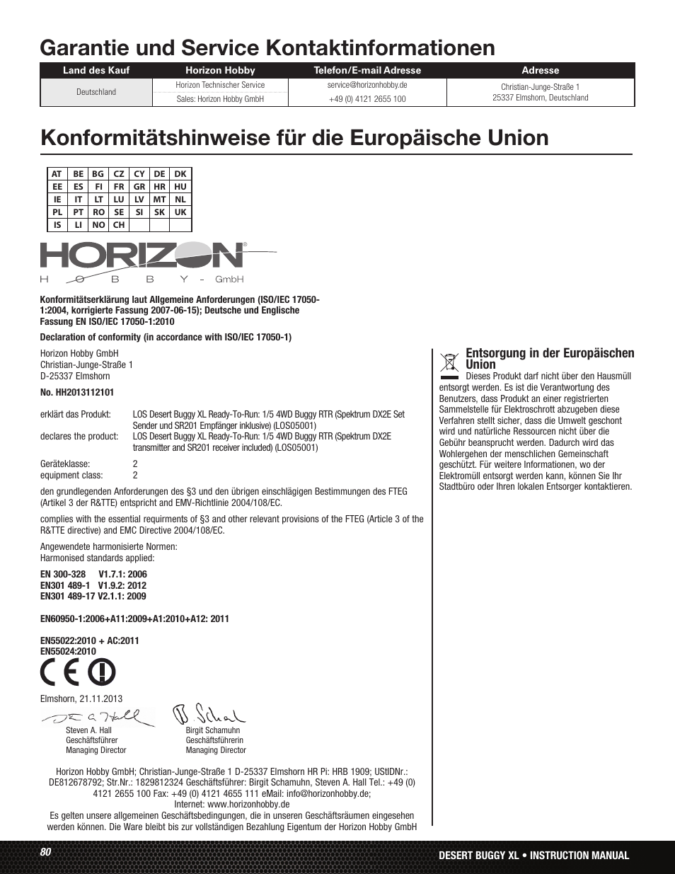 Garantie und service kontaktinformationen, Konformitätshinweise für die europäische union, Entsorgung in der europäischen union | Losi LOS05001 User Manual | Page 80 / 86