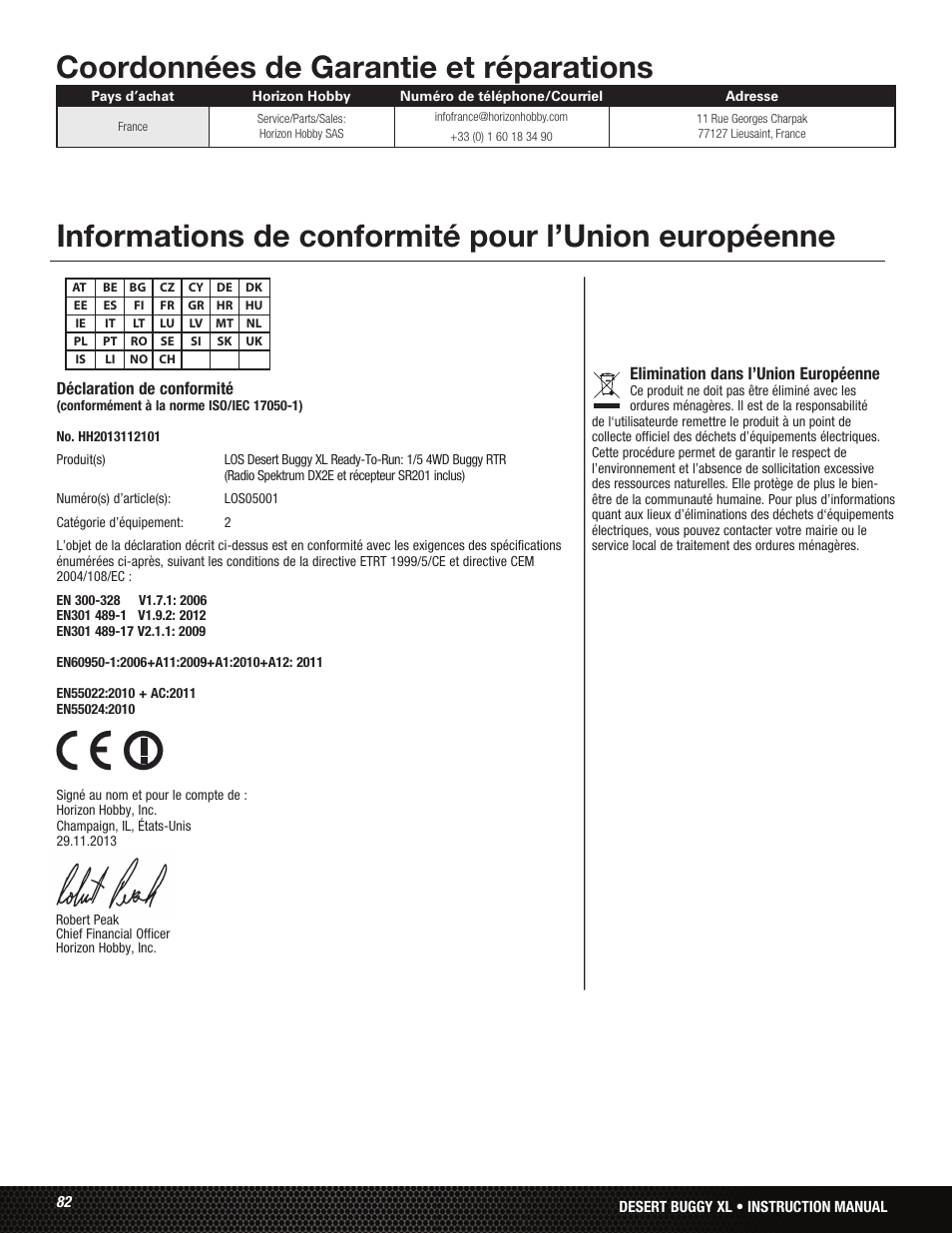 Coordonnées de garantie et réparations, Informations de conformité pour l’union européenne | Losi LOS05001 User Manual | Page 82 / 86