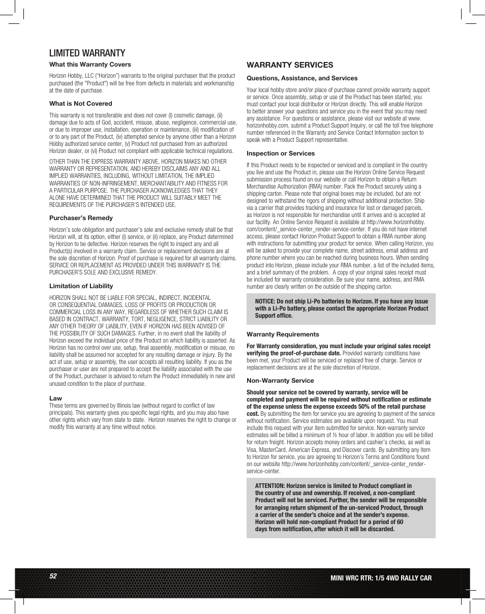 Limited warranty | Losi LOS05007 1/5 MINI WRC 4WD Rally Car Manual User Manual | Page 52 / 60