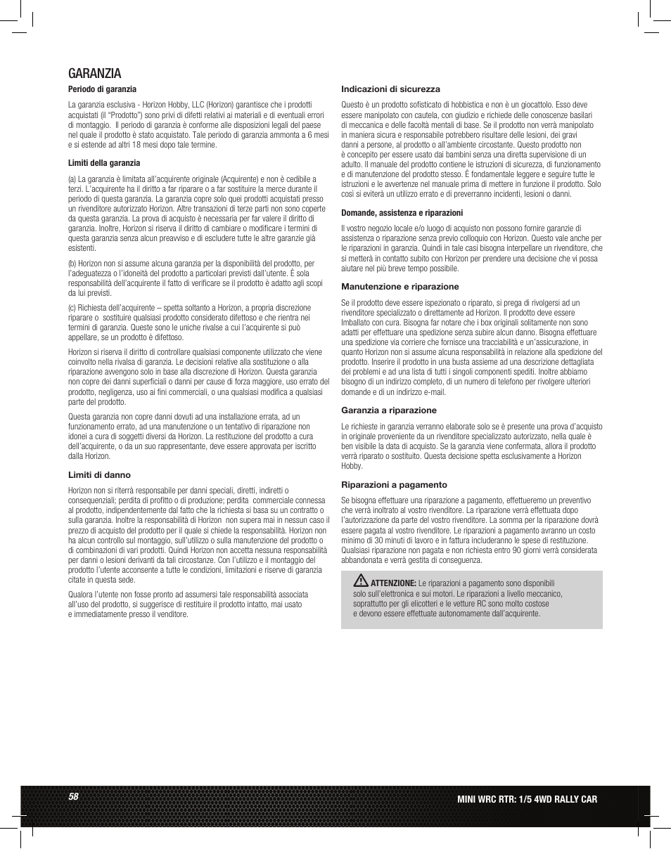 Garanzia | Losi LOS05007 1/5 MINI WRC 4WD Rally Car Manual User Manual | Page 58 / 60