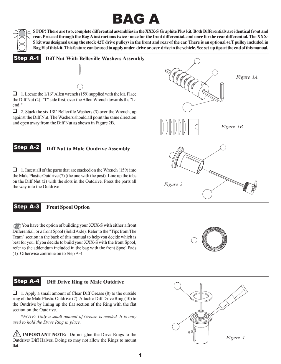Bag a, Front spool option, 7clear diff grease (8) diff only diff only | Figure 1a figure 2, Figure 4 | Losi XXX-S Sport User Manual | Page 4 / 40