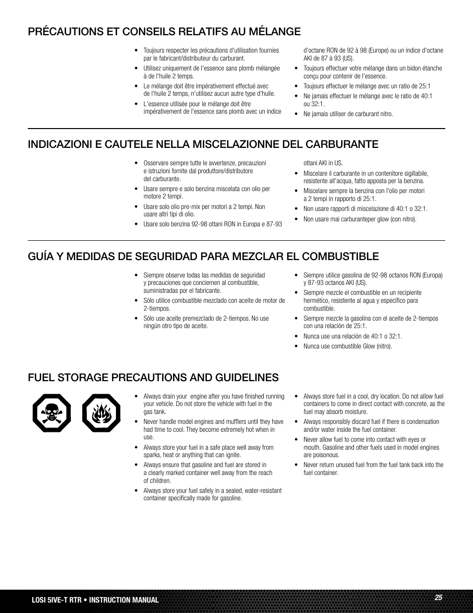 Fuel storage precautions and guidelines | Losi LOSB0019WHTBD User Manual | Page 25 / 96