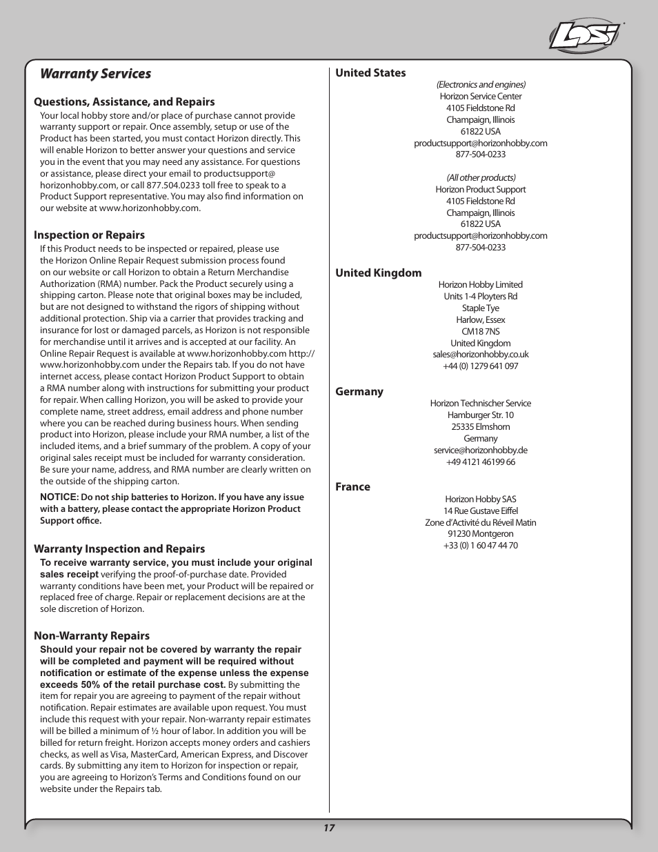 Warranty services | Losi LOSB0021 User Manual | Page 17 / 20