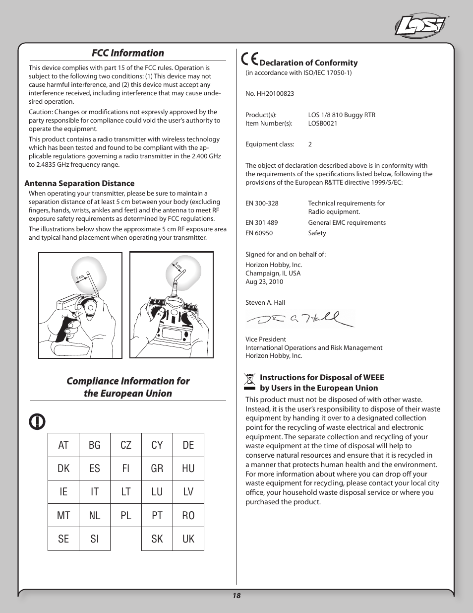 Fcc information, Compliance information for the european union | Losi LOSB0021 User Manual | Page 18 / 20