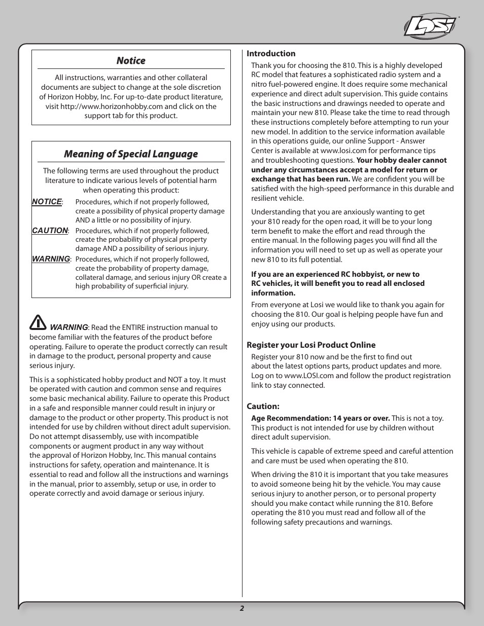 Notice, Meaning of special language | Losi LOSB0021 User Manual | Page 2 / 20