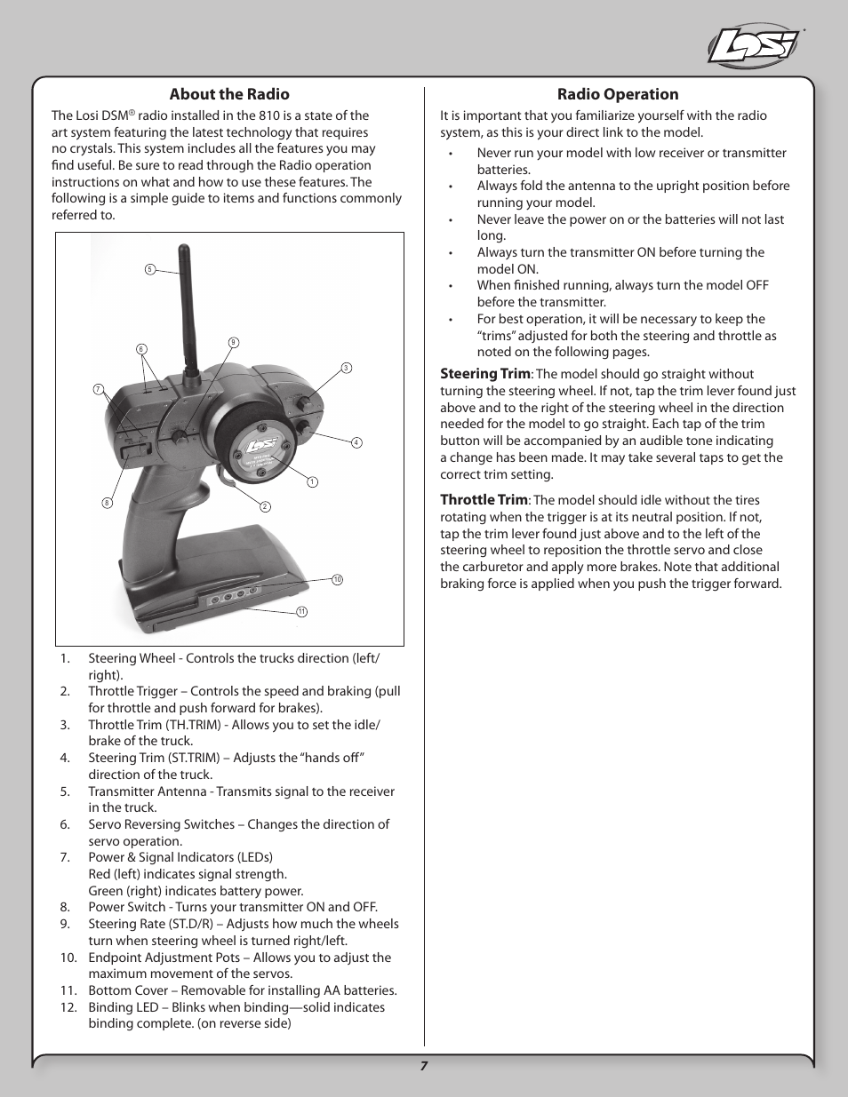 About the radio, Radio operation | Losi LOSB0021 User Manual | Page 7 / 20
