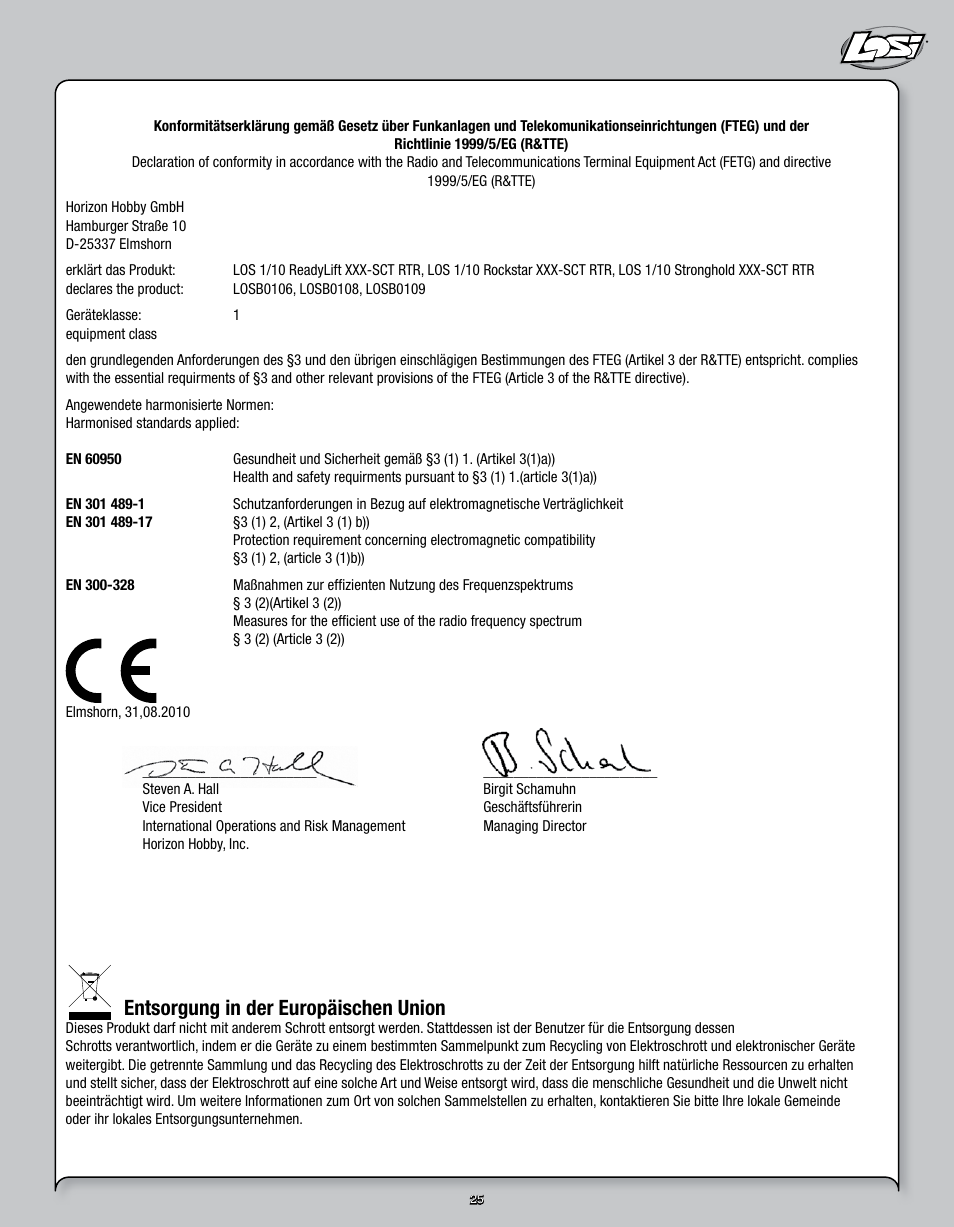 Entsorgung in der europäischen union | Losi LOSB0109 User Manual | Page 25 / 56