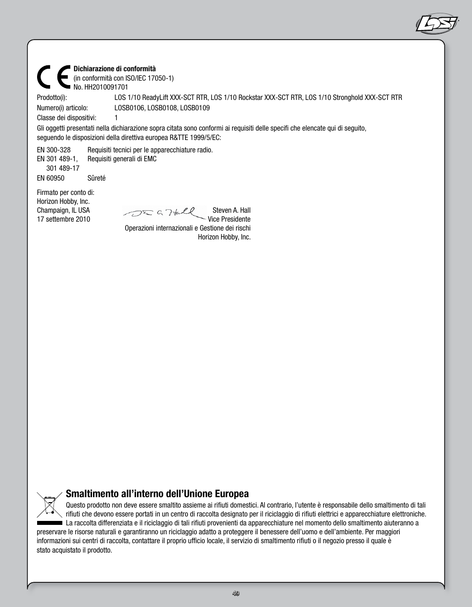 Smaltimento all’interno dell’unione europea | Losi LOSB0109 User Manual | Page 49 / 56