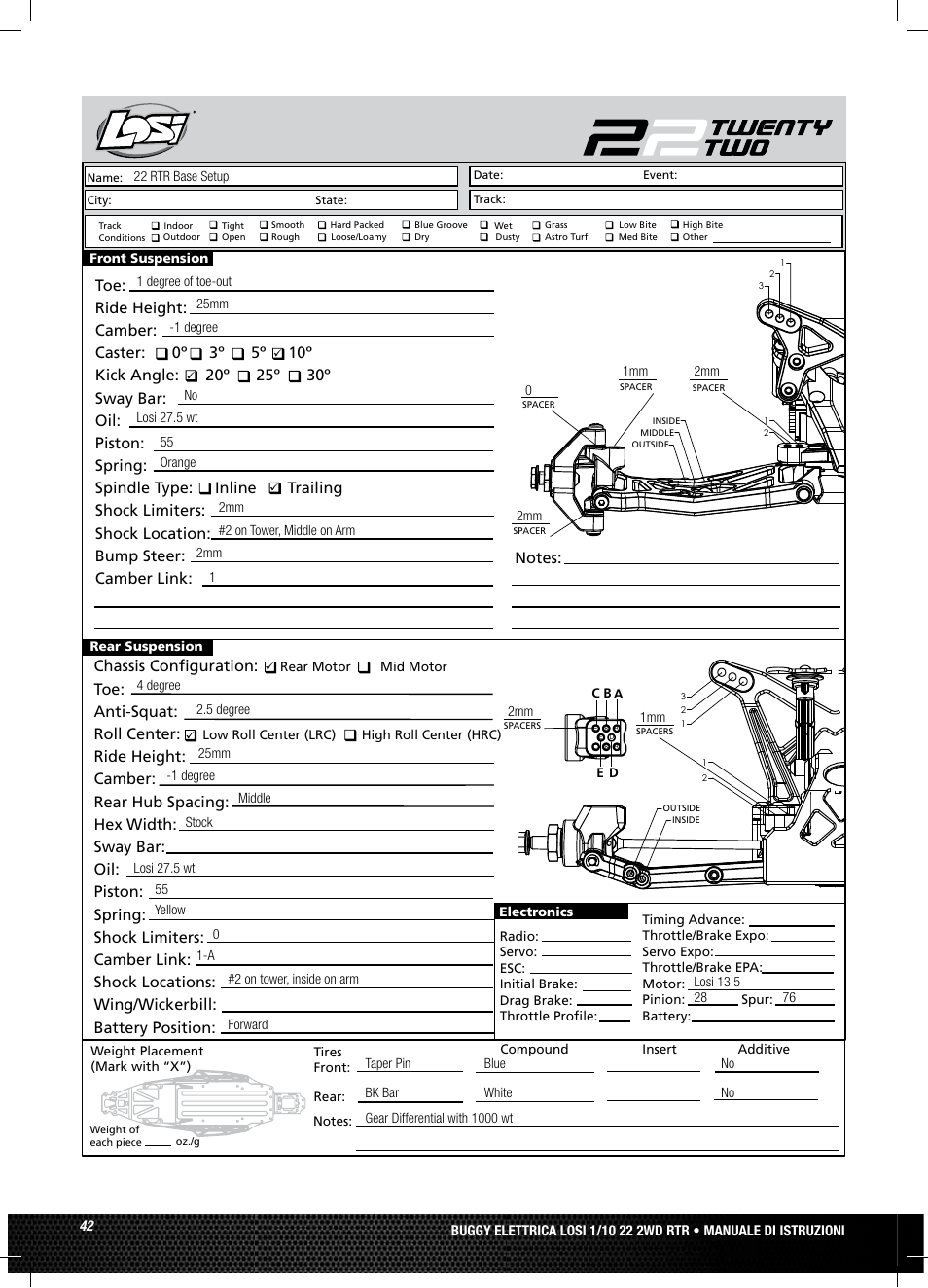 Chassis configuration, Toe: anti-squat: roll center | Losi LOSB0122 User Manual | Page 42 / 44