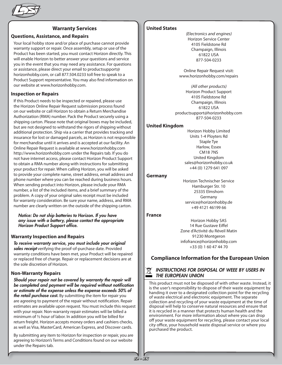 Warranty services, Compliance information for the european union | Losi LOSB0127 User Manual | Page 12 / 21