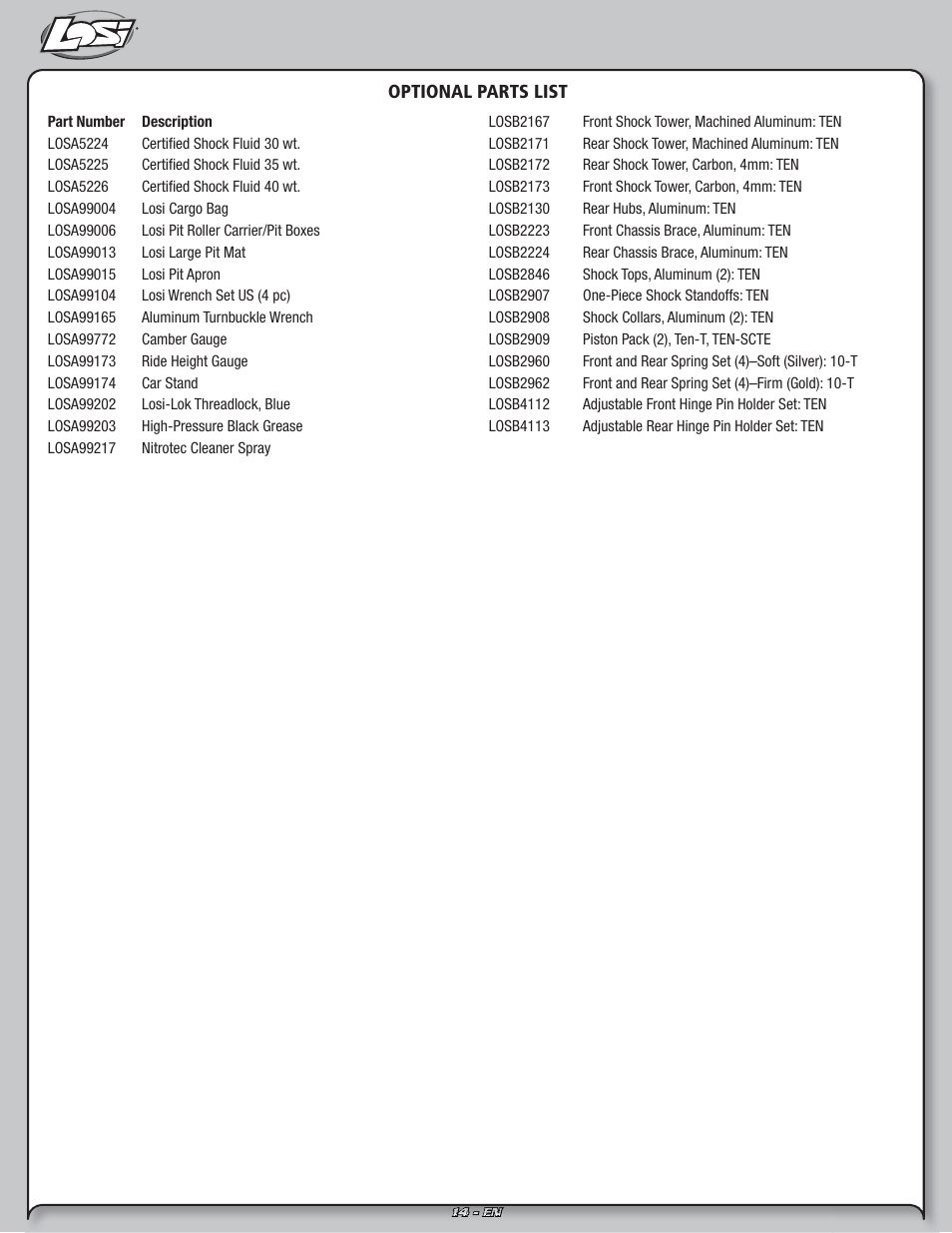 Optional parts list | Losi LOSB0127 User Manual | Page 14 / 21