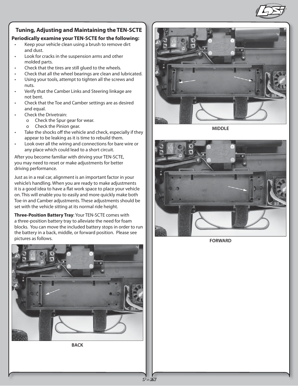 Tuning, adjusting and maintaining the ten-scte | Losi LOSB0127 User Manual | Page 7 / 21