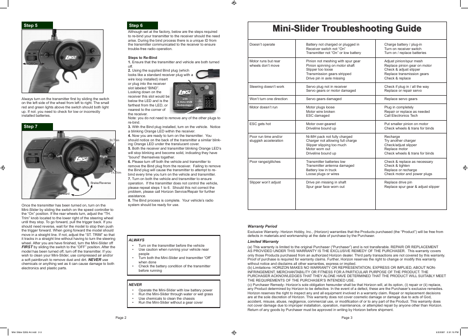 Mini-slider troubleshooting guide | Losi LOSB0205 Quick Start User Manual | Page 2 / 3