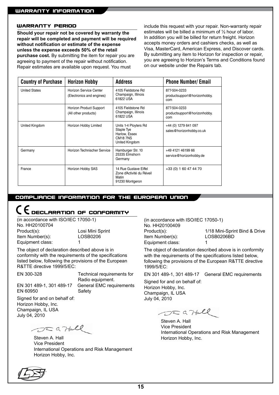 Warranty period, Declaration of conformity | Losi LOSB0206BD Manual User Manual | Page 15 / 16