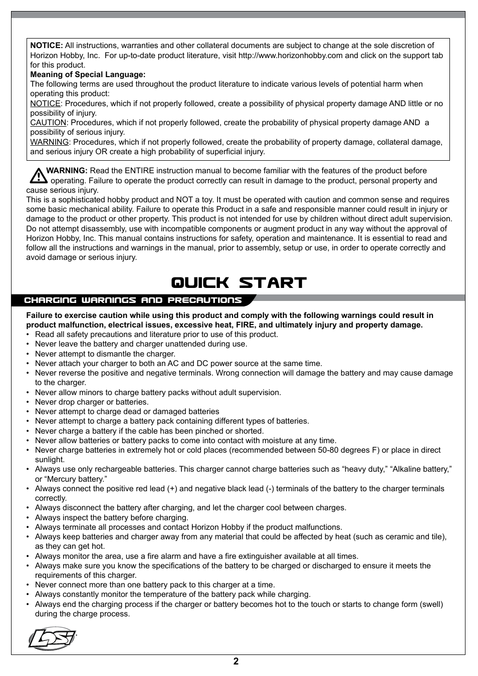 Quick start | Losi LOSB0206BD Manual User Manual | Page 2 / 16