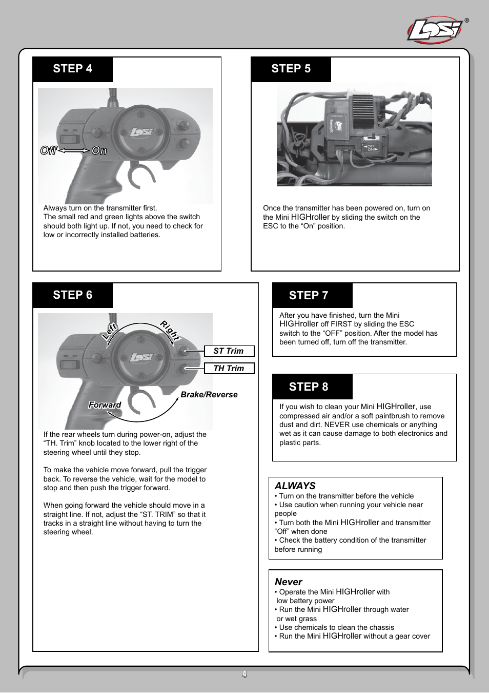 Step 4 step 5 step 6 off on off on, Step 7 step 8 | Losi LOSB0207 User Manual | Page 4 / 20