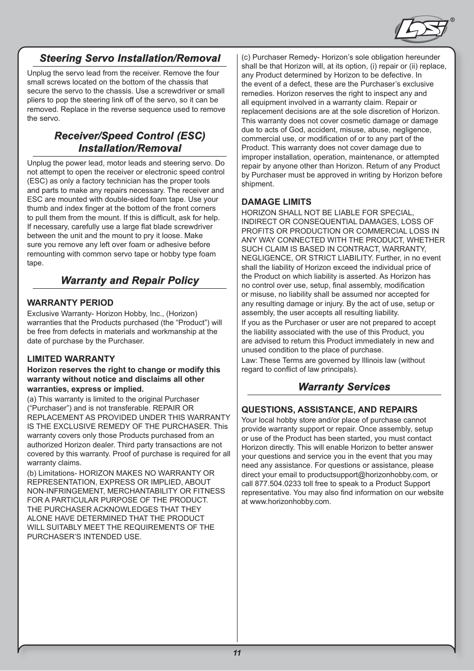 Steering servo installation/removal, Receiver/speed control (esc) installation/removal, Warranty and repair policy | Warranty services | Losi LOSB0208BD User Manual | Page 11 / 15