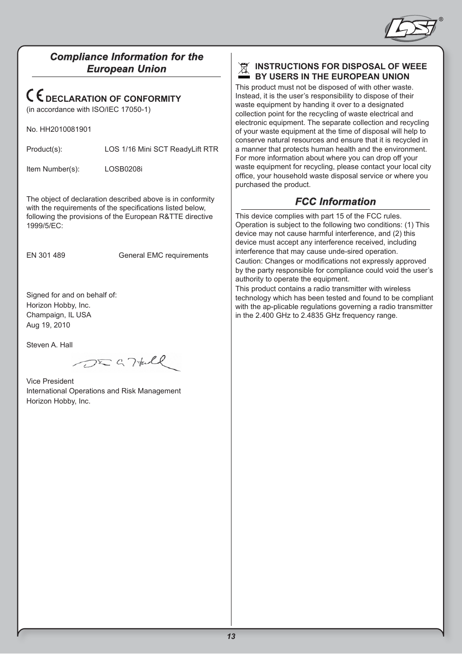 Compliance information for the european union, Fcc information | Losi LOSB0208BD User Manual | Page 13 / 15