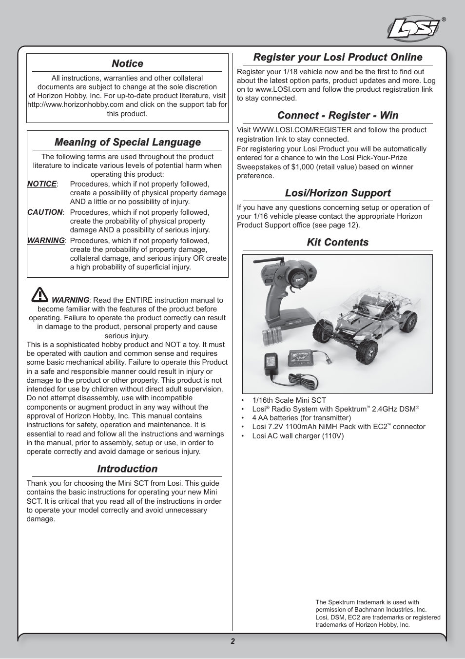 Introduction, Notice, Meaning of special language | Register your losi product online, Connect - register - win, Losi/horizon support, Kit contents | Losi LOSB0208BD User Manual | Page 2 / 15