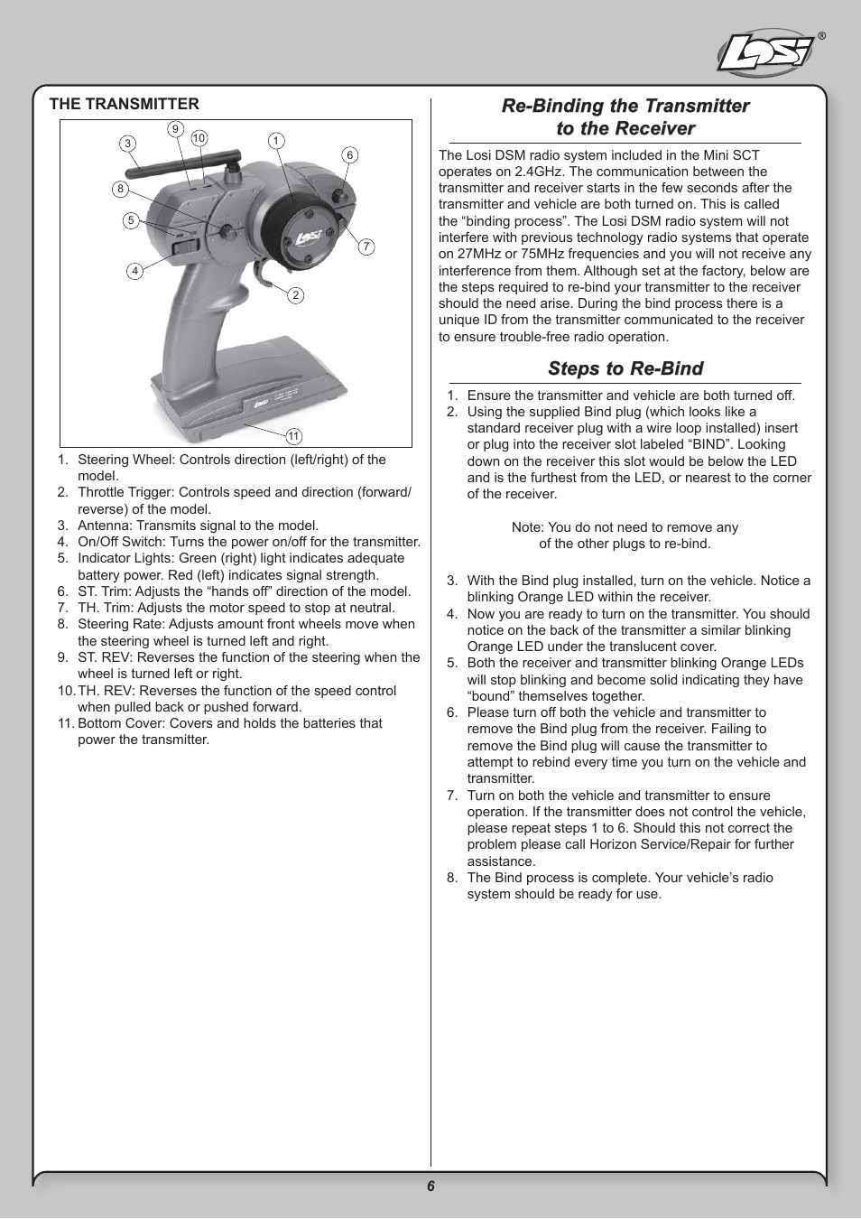 Re-binding the transmitter to the receiver, Steps to re-bind | Losi LOSB0208BD User Manual | Page 6 / 15