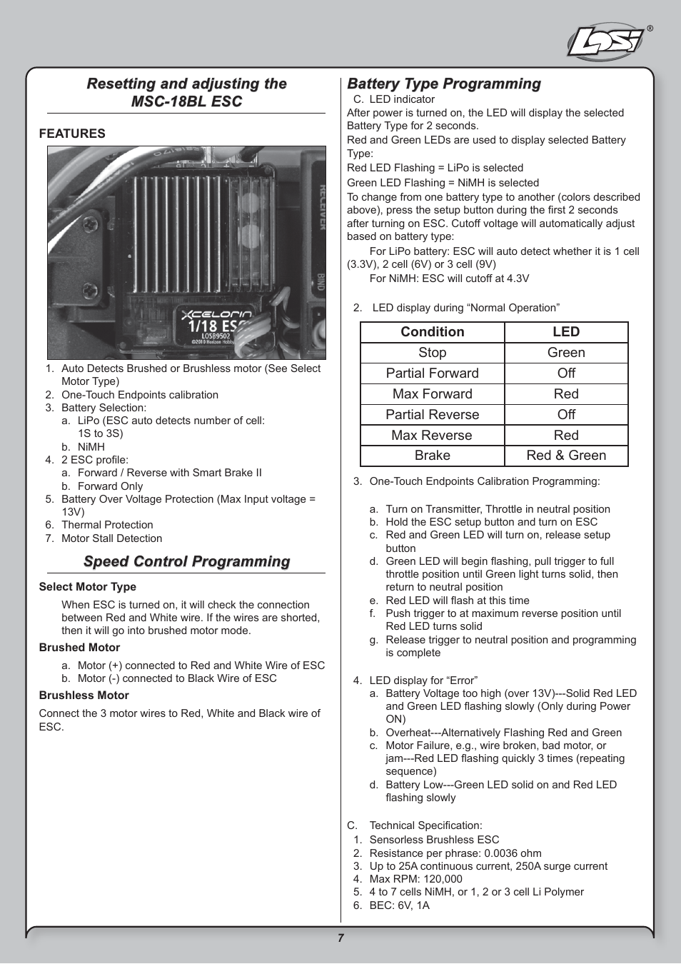 Resetting and adjusting the msc-18bl esc, Speed control programming, Battery type programming | Losi LOSB0208BD User Manual | Page 7 / 15