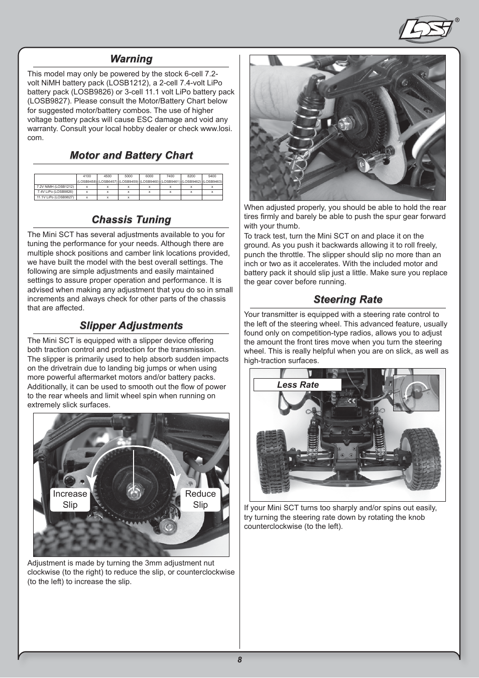 Warning, Motor and battery chart, Chassis tuning | Slipper adjustments, Steering rate, Increase slip reduce slip, Less rate | Losi LOSB0208BD User Manual | Page 8 / 15