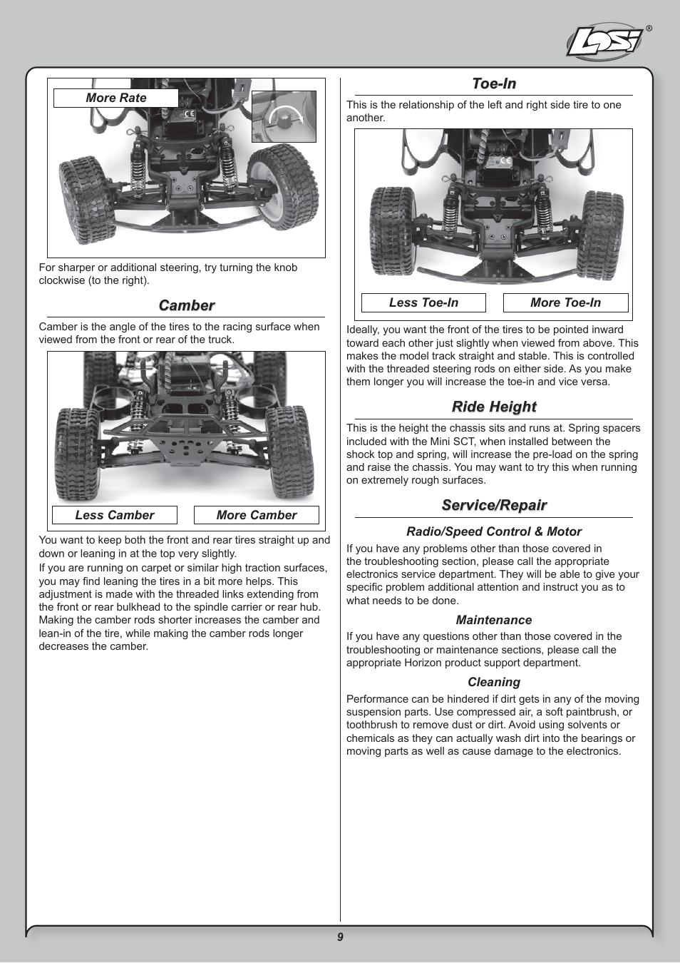 Camber, Toe-in, Ride height | Service/repair | Losi LOSB0208BD User Manual | Page 9 / 15