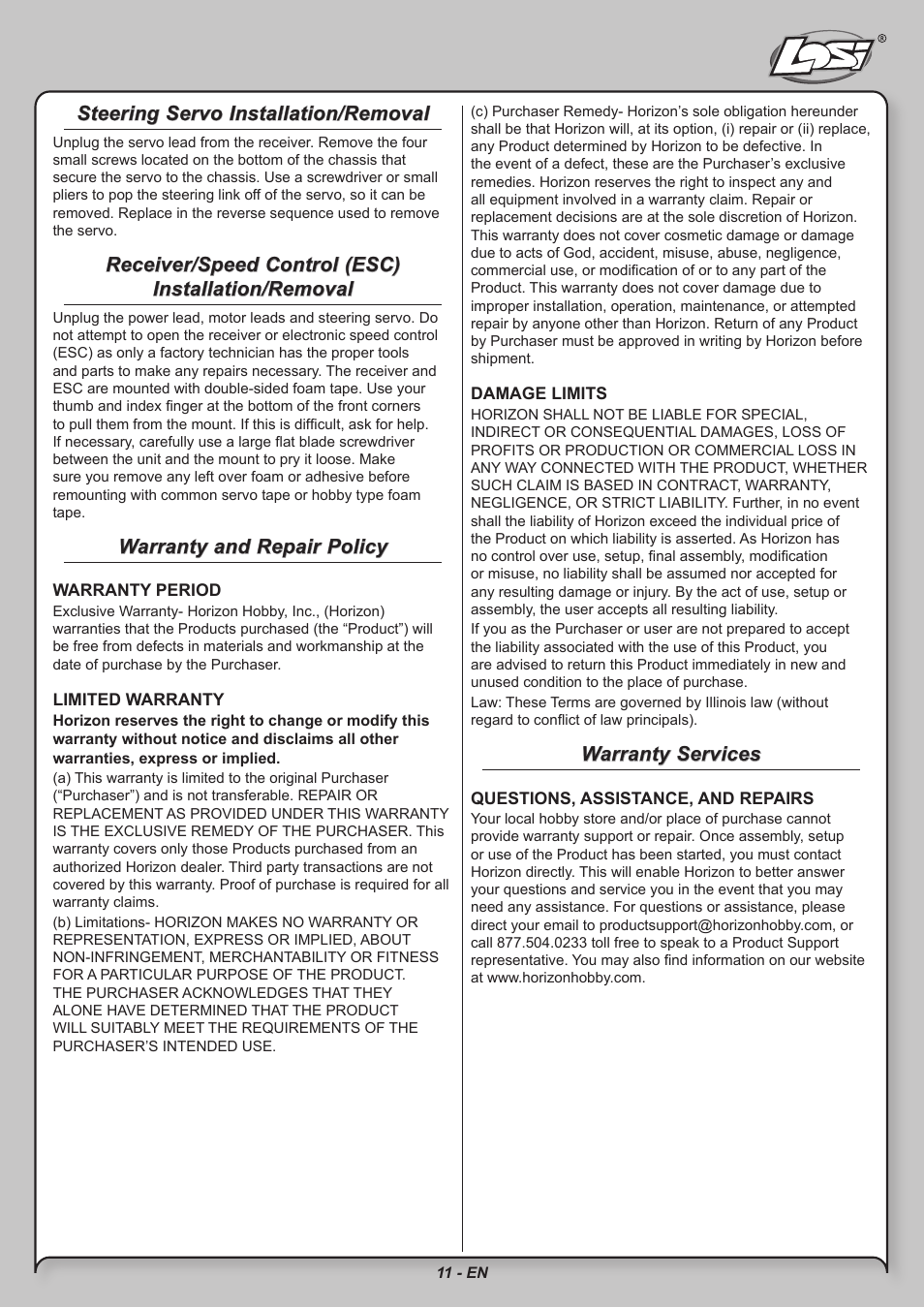 Steering servo installation/removal, Receiver/speed control (esc) installation/removal, Warranty and repair policy | Warranty services | Losi LOSB0211 User Manual | Page 11 / 18