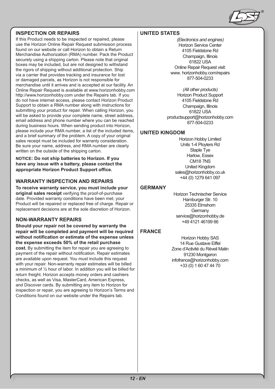 Losi LOSB0211 User Manual | Page 12 / 18