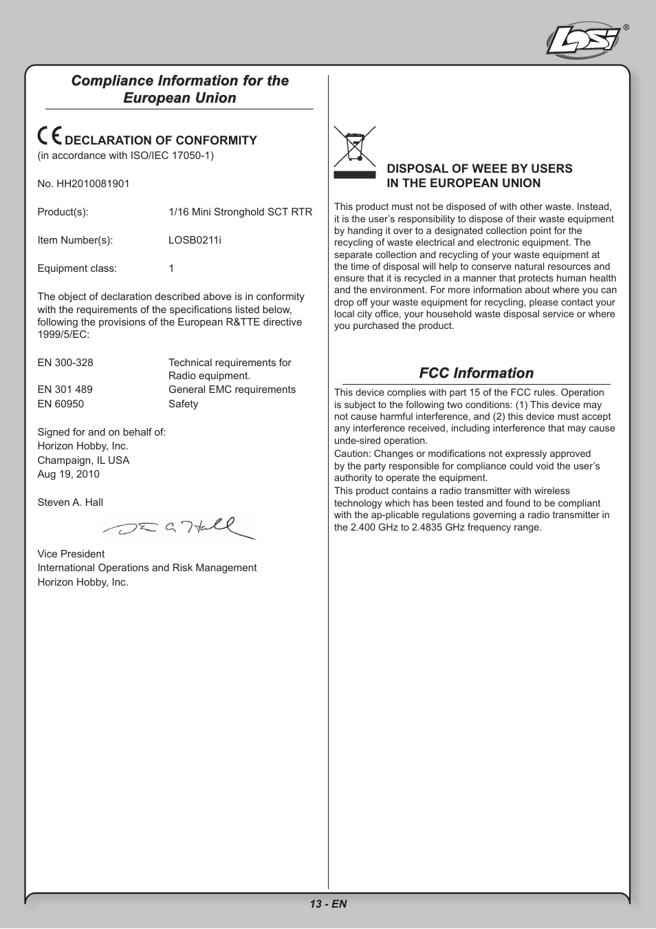 Compliance information for the european union, Fcc information | Losi LOSB0211 User Manual | Page 13 / 18