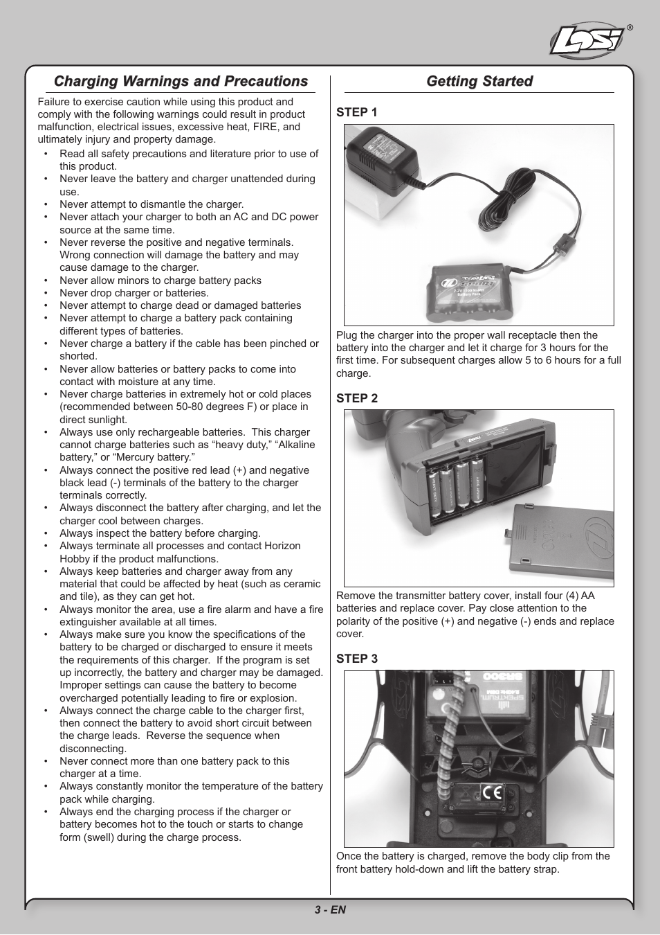 Charging warnings and precautions, Getting started | Losi LOSB0211 User Manual | Page 3 / 18