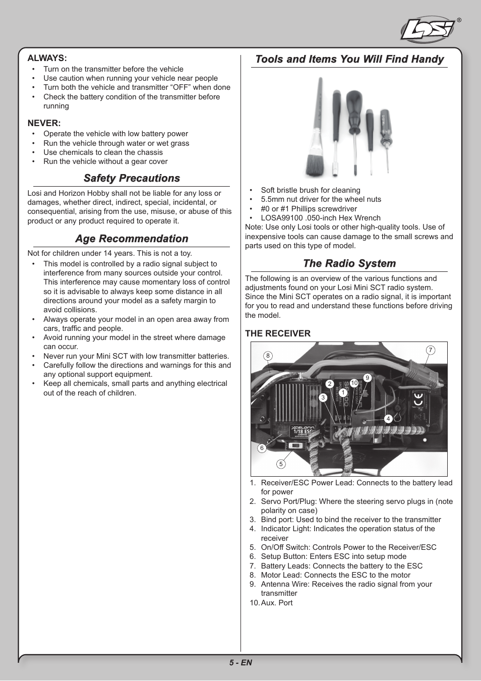 Safety precautions, Age recommendation, Tools and items you will find handy | The radio system | Losi LOSB0211 User Manual | Page 5 / 18