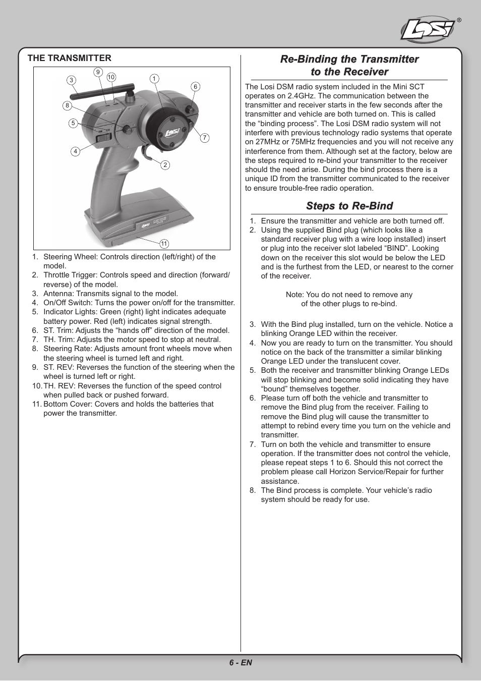 Re-binding the transmitter to the receiver, Steps to re-bind | Losi LOSB0211 User Manual | Page 6 / 18